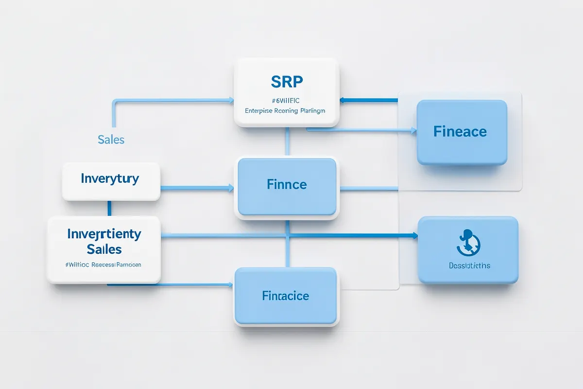 Diagrama de fluxo mostrando um sistema ERP conectando diferentes departamentos de uma empresa, como vendas, estoque e finanças.