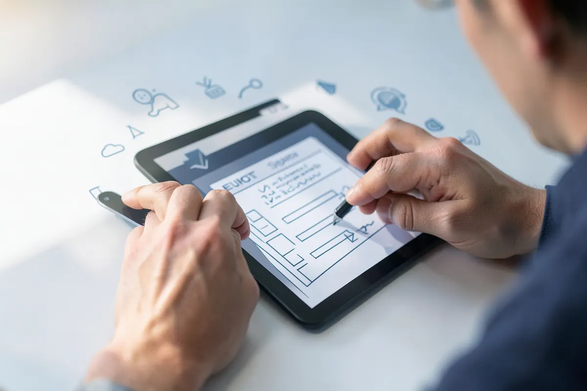 Pessoa analisando um checklist em um tablet, com ícones de seleção e planejamento ao redor.