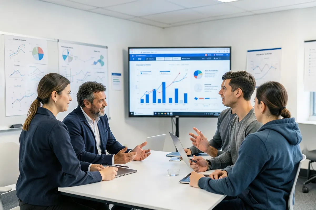 Equipe colaborando em um projeto de implementação de ERP, com gráficos e diagramas ao fundo.