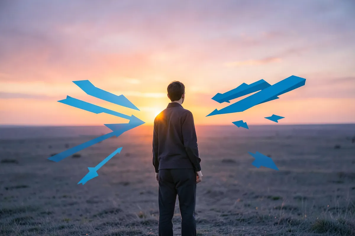Pessoa olhando para um horizonte com várias setas apontando para o futuro, simbolizando os próximos passos após a escolha do ERP.