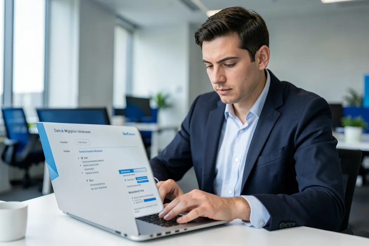 Um profissional de TI revisando um checklist de migração de dados em um laptop em um ambiente de escritório moderno.