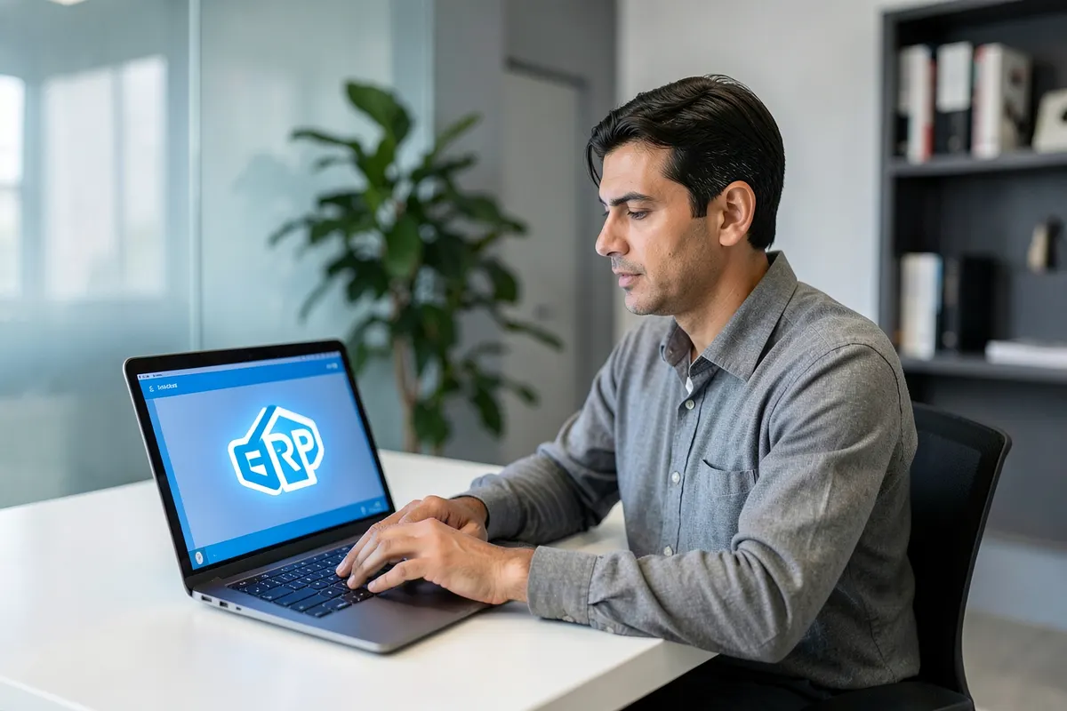 Um profissional de negócios usando um laptop com o logo estilizado de um sistema ERP em um escritório brasileiro.