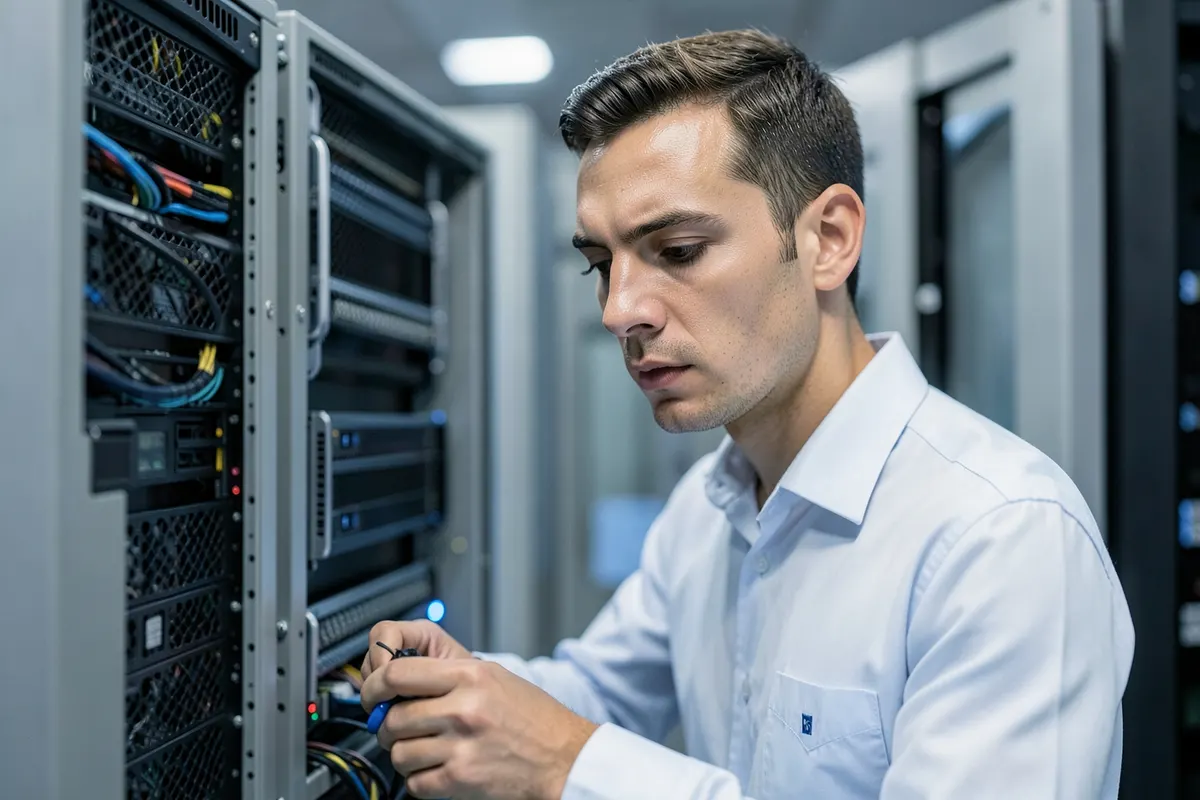 Um técnico de TI trabalhando em um servidor antigo em um data center com iluminação ambiente.