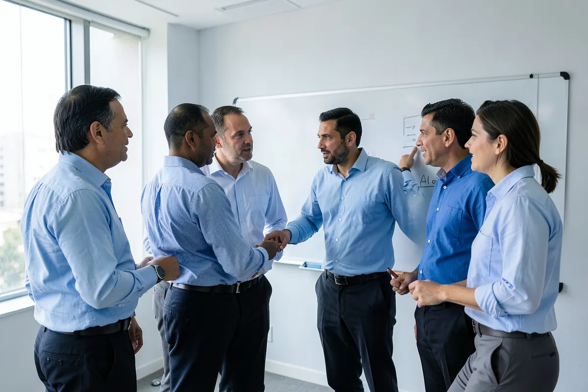 Um grupo de profissionais brasileiros em uma sala de reunião discutindo um projeto em um quadro branco.