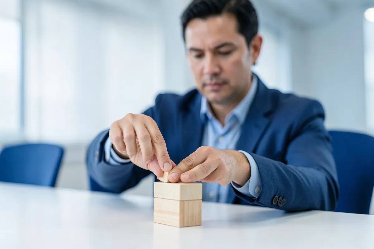 Uma pessoa organizando blocos de madeira empilhados em uma mesa, representando a criação de um checklist.
