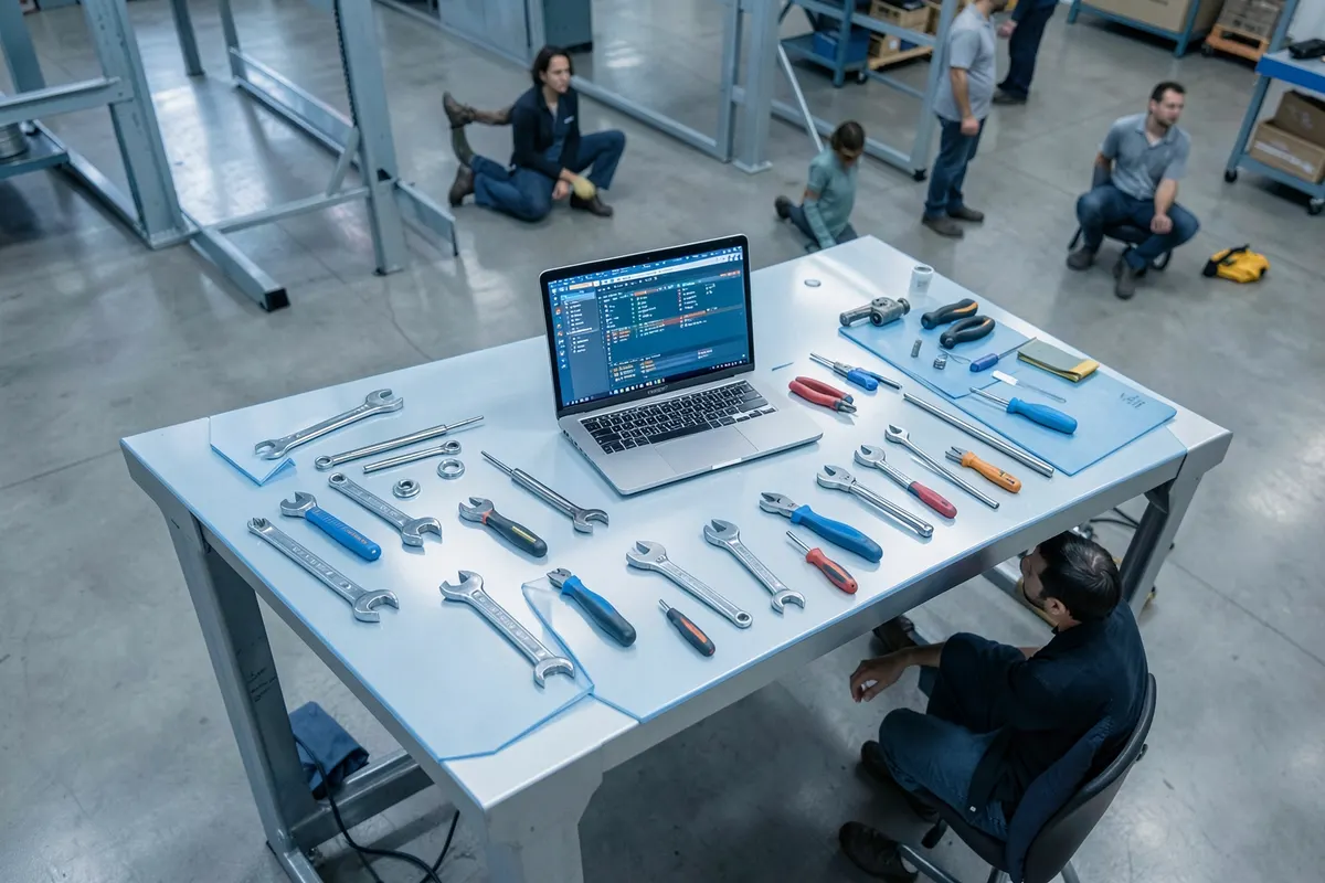 Uma variedade de ferramentas de hardware e software em uma bancada de trabalho em um ambiente industrial brasileiro.