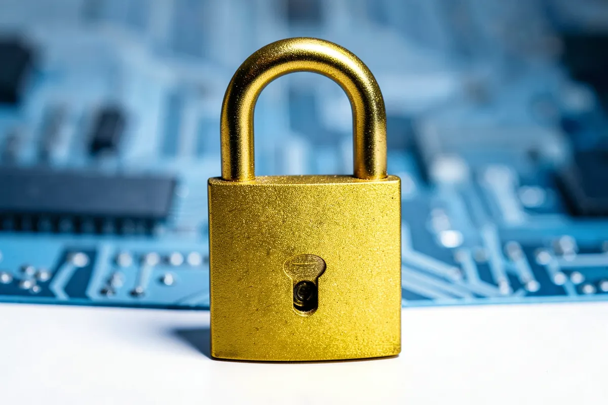 Um cadeado dourado fechado sobre um fundo de circuitos eletrônicos desfocados.