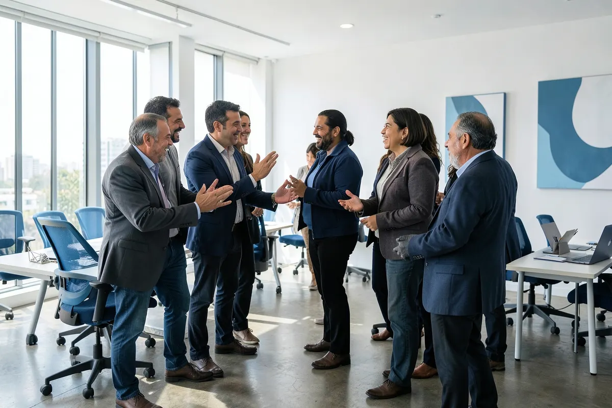 Profissionais brasileiros celebrando o sucesso de um projeto em um escritório moderno.