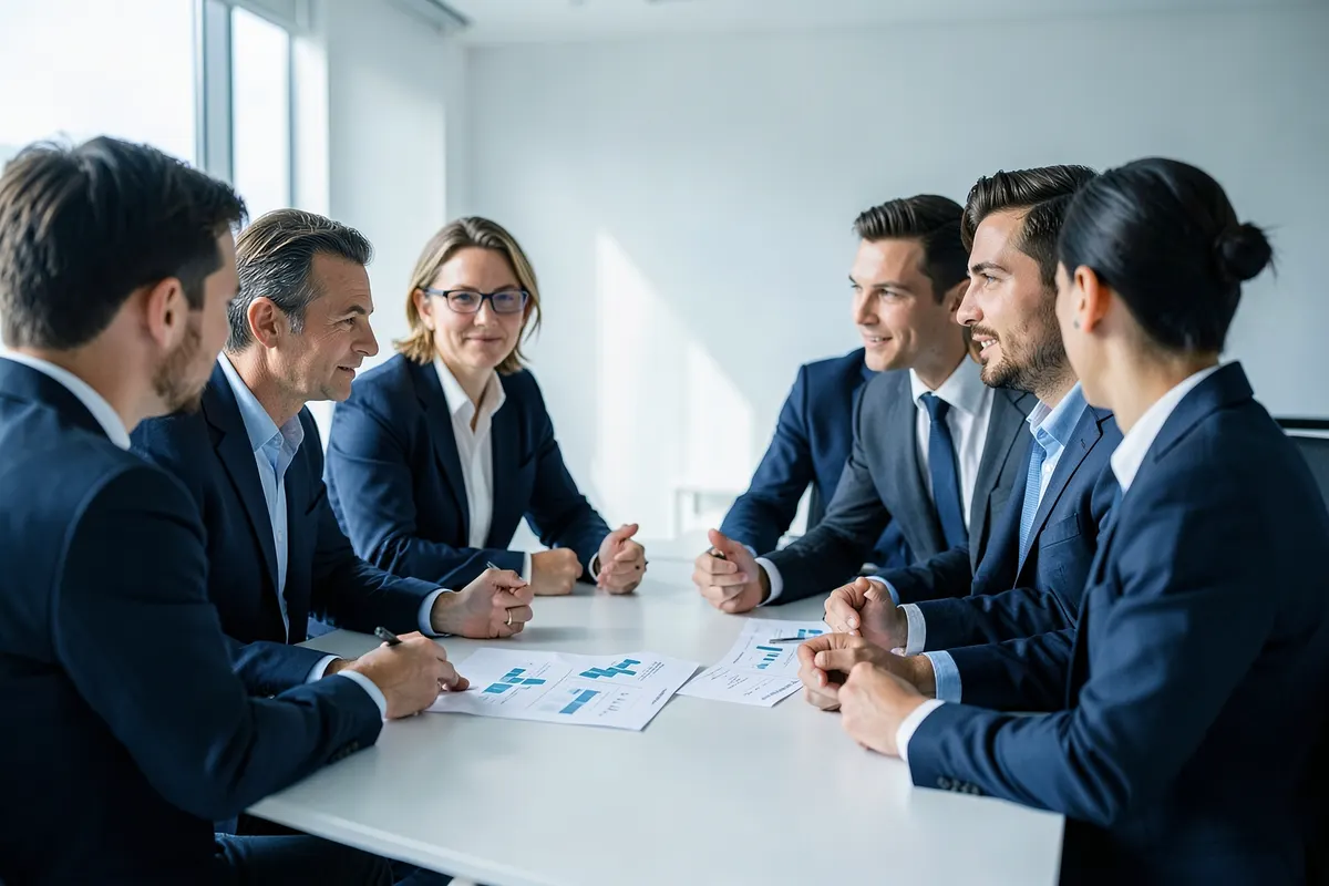 Um grupo de empresários reunidos em volta de uma mesa de reunião, discutindo um relatório impresso com gráficos e números, em um escritório moderno com luz natural.