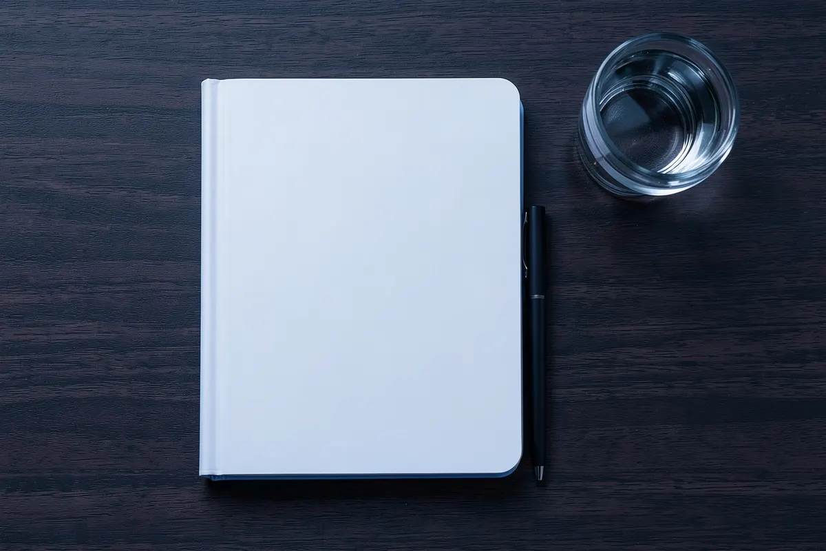 Um notebook fechado sobre uma mesa de madeira escura, com uma caneta preta e um copo de água ao lado.