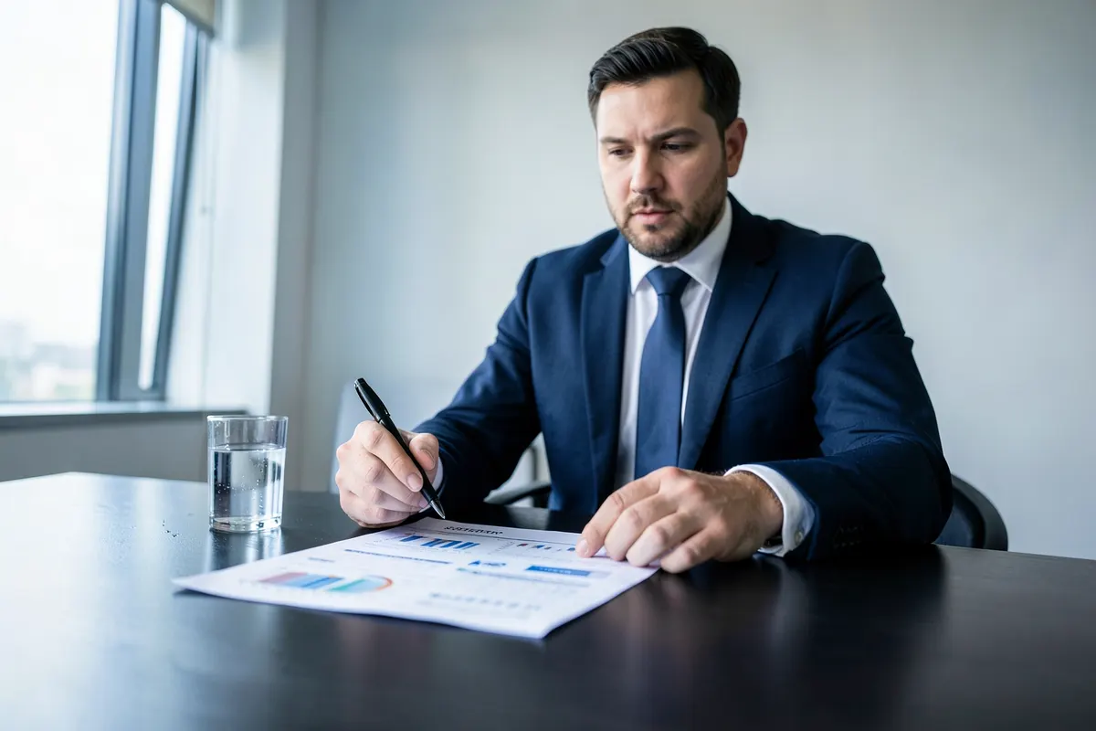 Um homem de terno azul escuro, sentado em uma mesa de madeira escura, apontando para um relatório impresso com gráficos e números, com uma caneta preta na mão direita e um copo de água ao lado, em um escritório moderno com luz natural vinda da janela à esquerda.