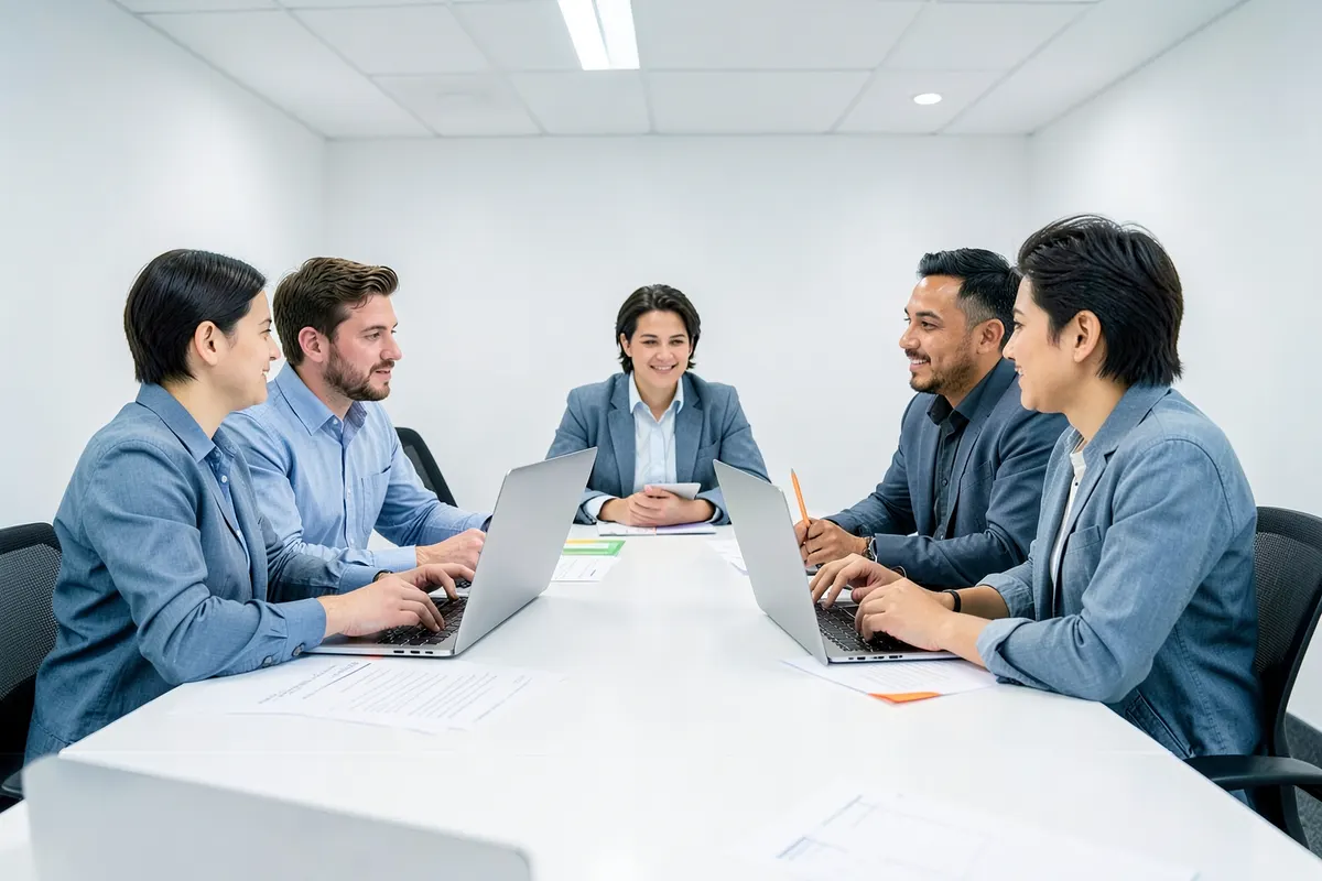 Uma equipe de pessoas colaborando em torno de uma mesa com laptops e papéis, com um sorriso e um ambiente de escritório positivo.