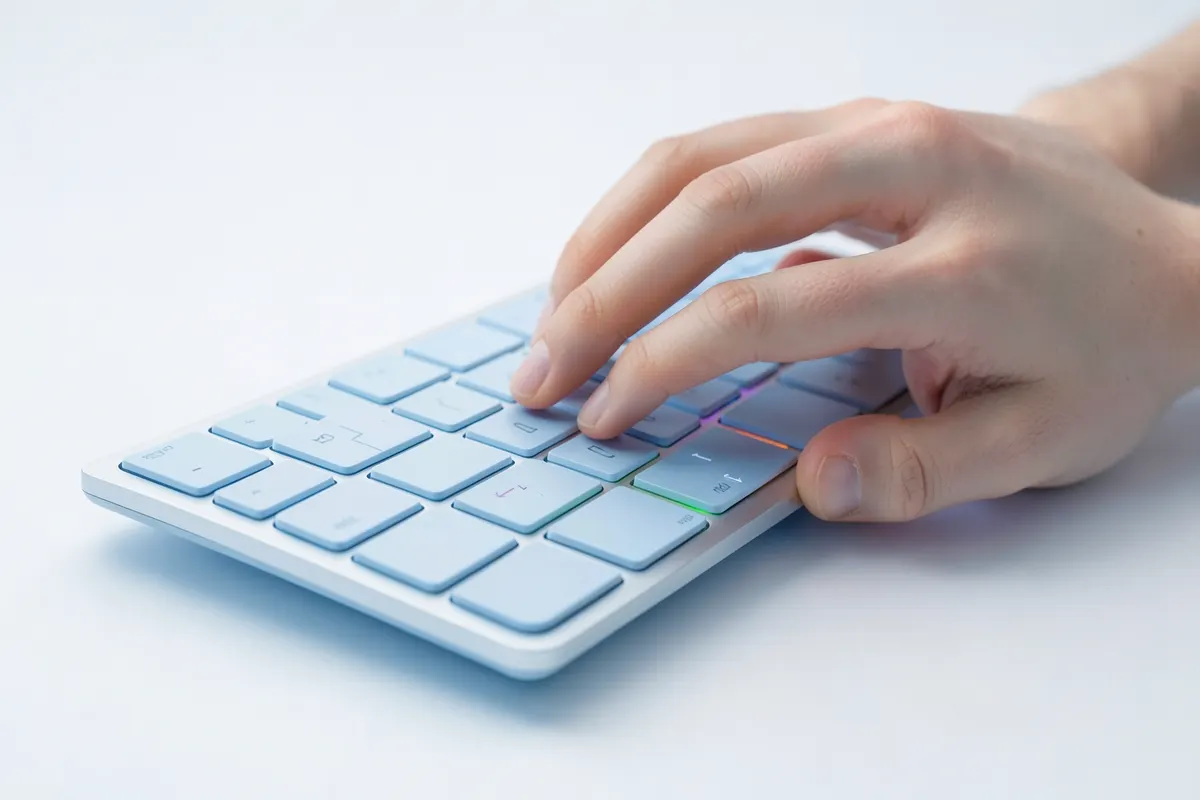 Um close-up de um teclado de computador com a mão de uma pessoa digitando, com uma tela de computador desfocada ao fundo mostrando um software.