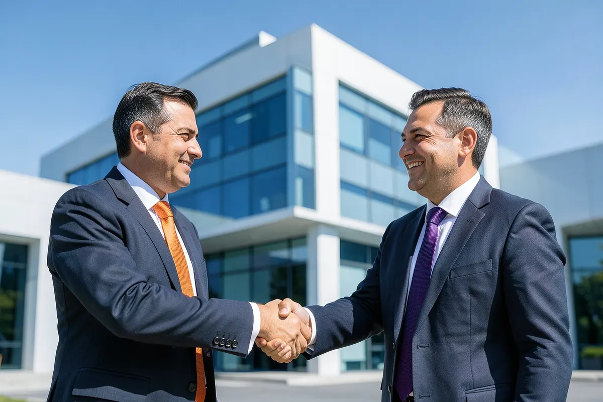 Um aperto de mão entre dois empresários em frente a um prédio de escritórios moderno, simbolizando parceria e acordo.