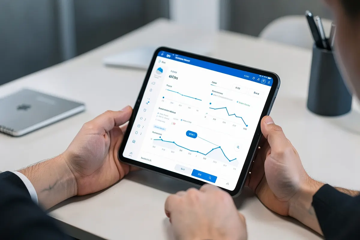 Uma pessoa usando um tablet para acessar um sistema ERP na nuvem em um ambiente de escritório.