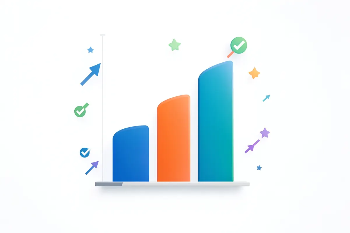 Gráfico de barras mostrando um aumento acentuado em eficiência e redução de custos, com ícones de sucesso ao redor.