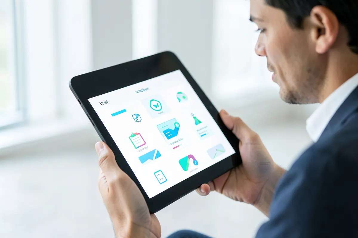 Uma pessoa examinando diferentes opções de software em um tablet, com ícones de seleção.
