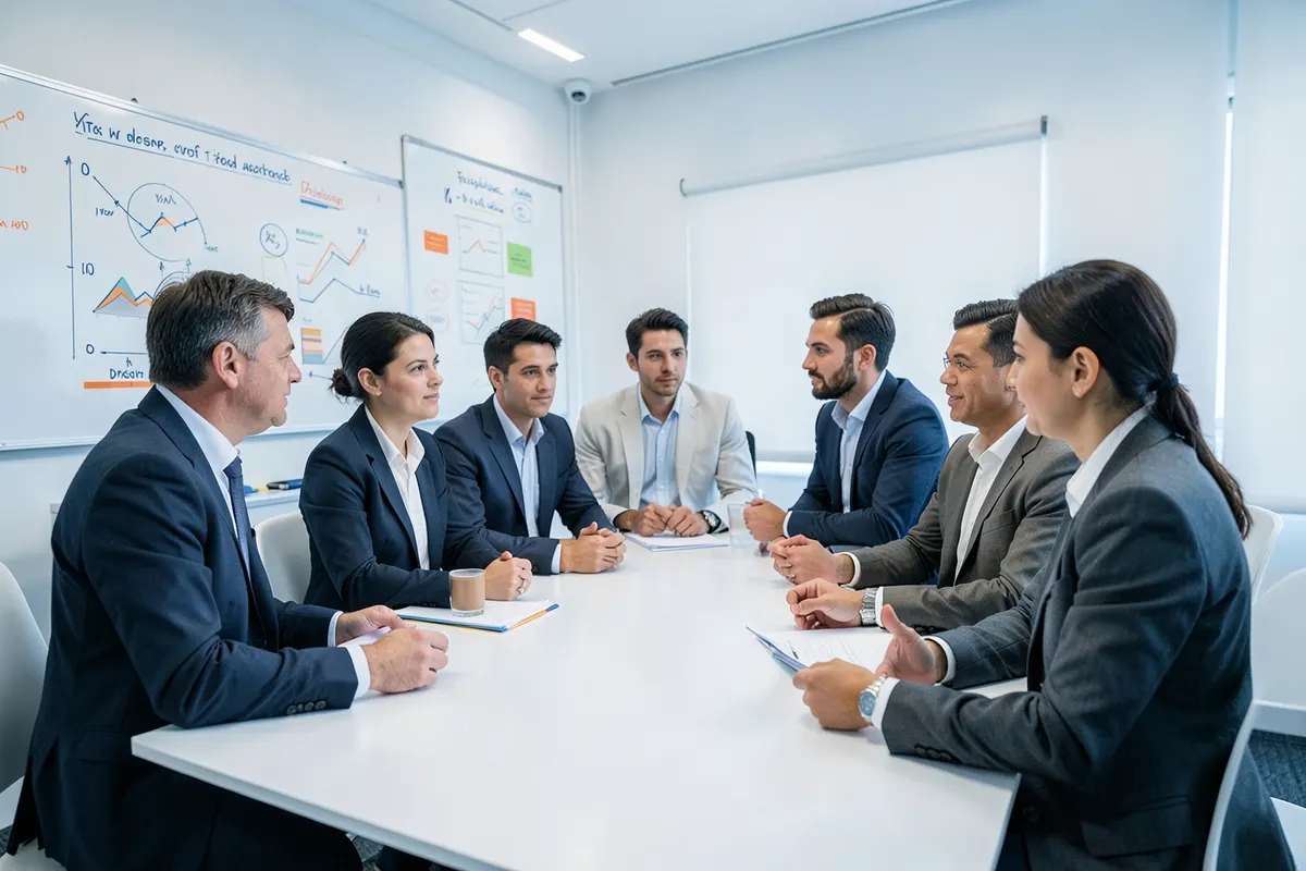 Um grupo de pessoas em uma sala de reunião discutindo um projeto com gráficos e diagramas em um quadro branco.