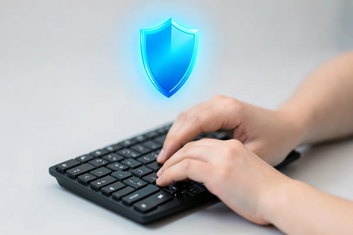 Pessoa digitando em um teclado com um escudo digital flutuando acima