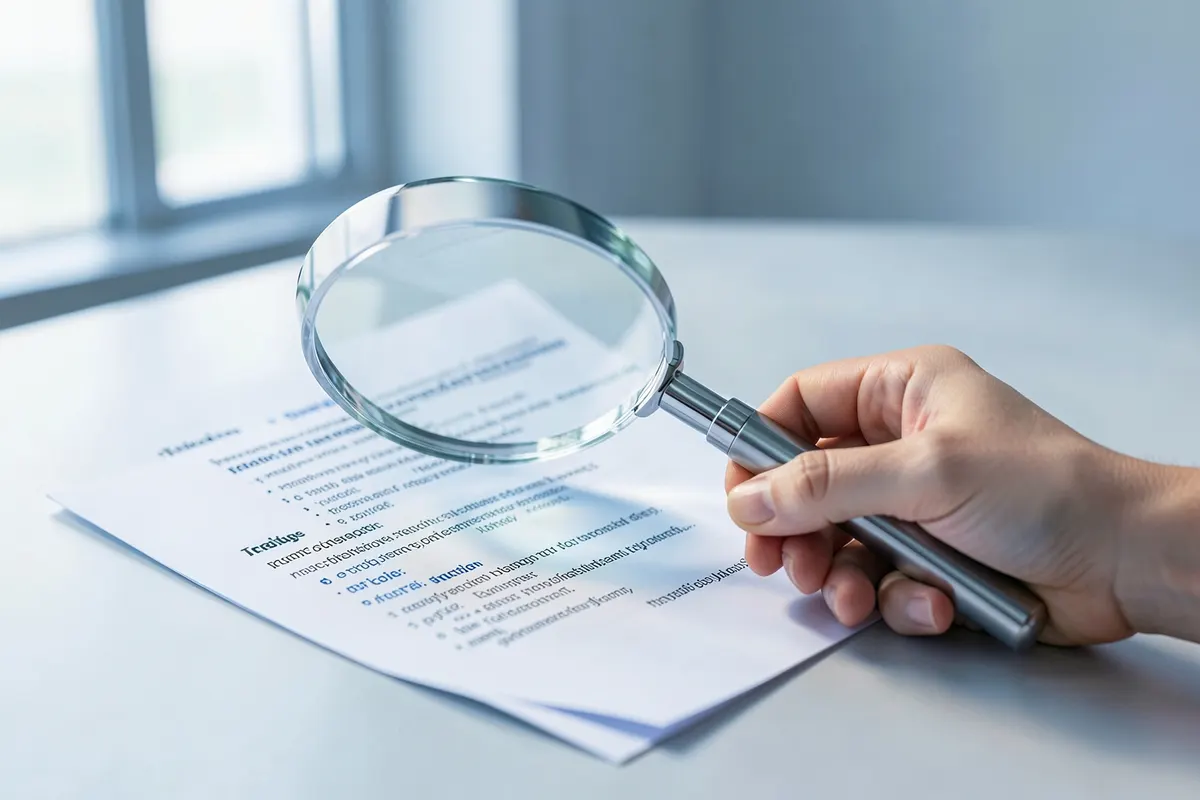 Mão segurando uma lupa sobre um contrato de software na nuvem