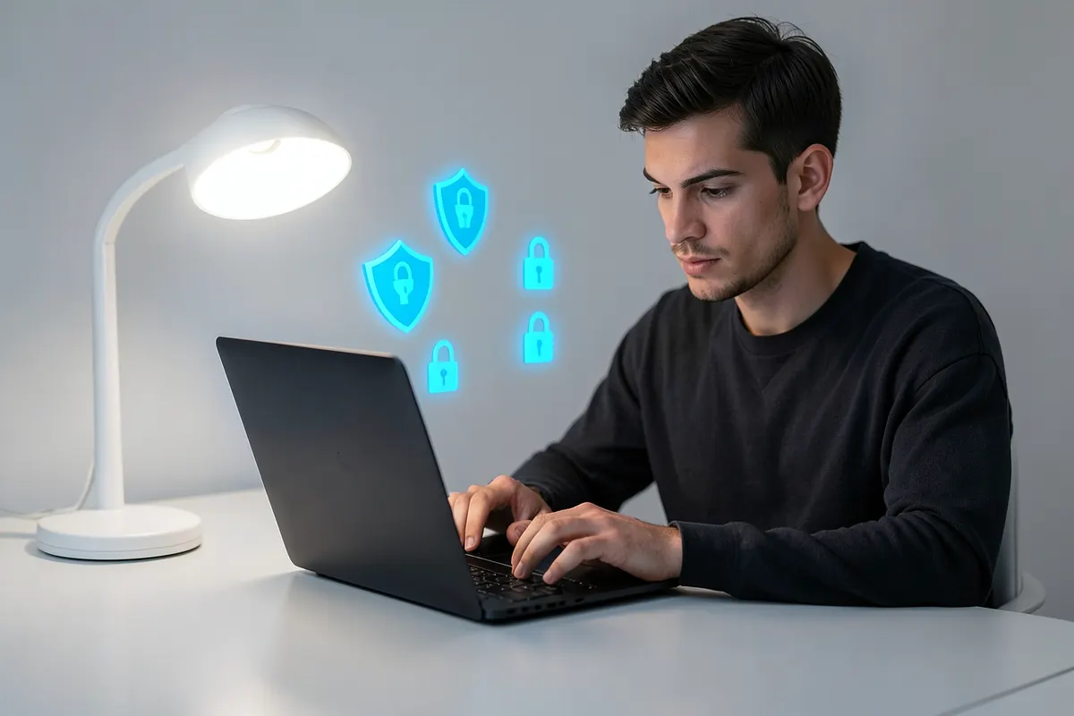 Desenvolvedor trabalhando em um código em um laptop com ícones de segurança ao redor