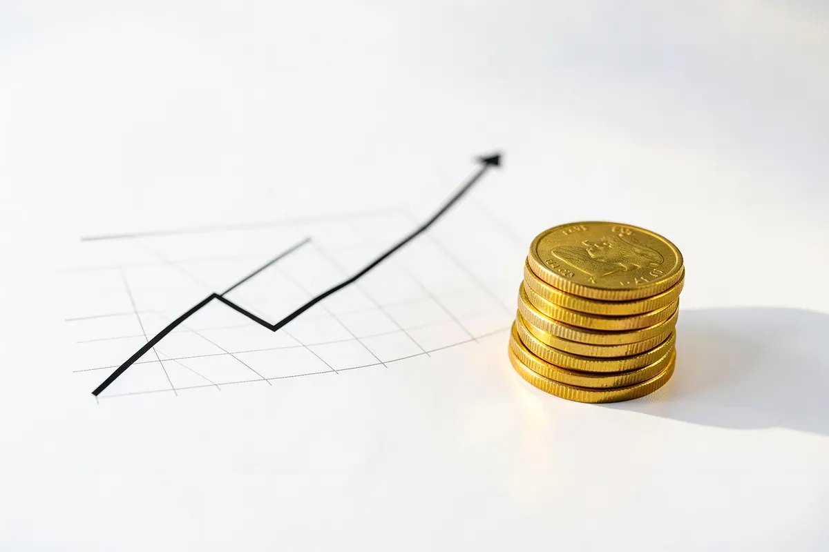 Gráfico de linha ascendente com moedas empilhadas ao lado, indicando crescimento financeiro.