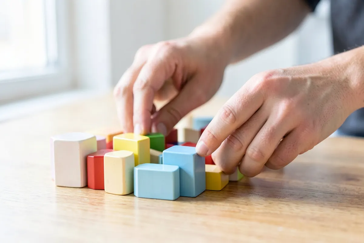 Mãos organizando blocos de construção coloridos em uma mesa, representando a montagem de um sistema.