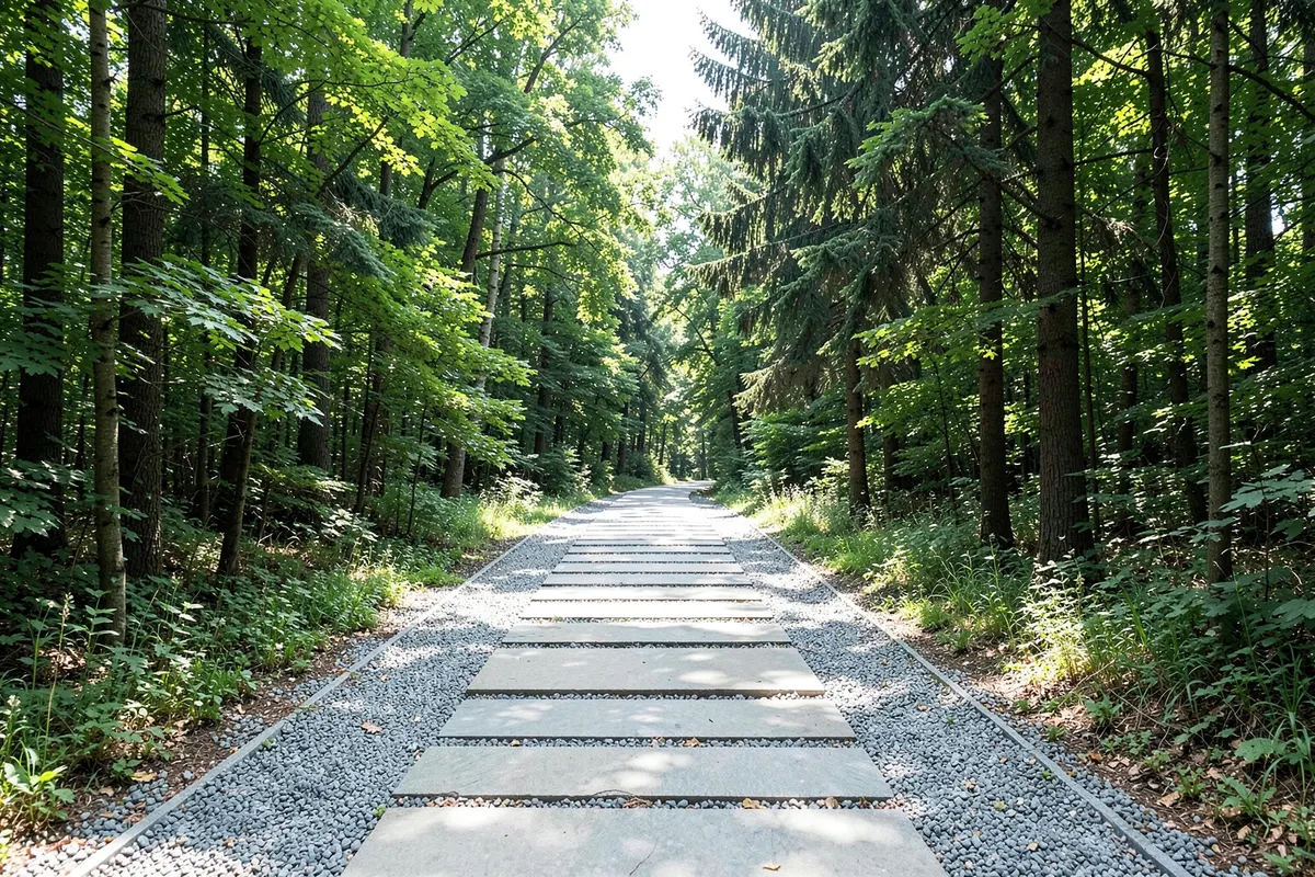 Um caminho de pedras que se afasta em direção a uma floresta densa, com raios de sol penetrando as árvores.