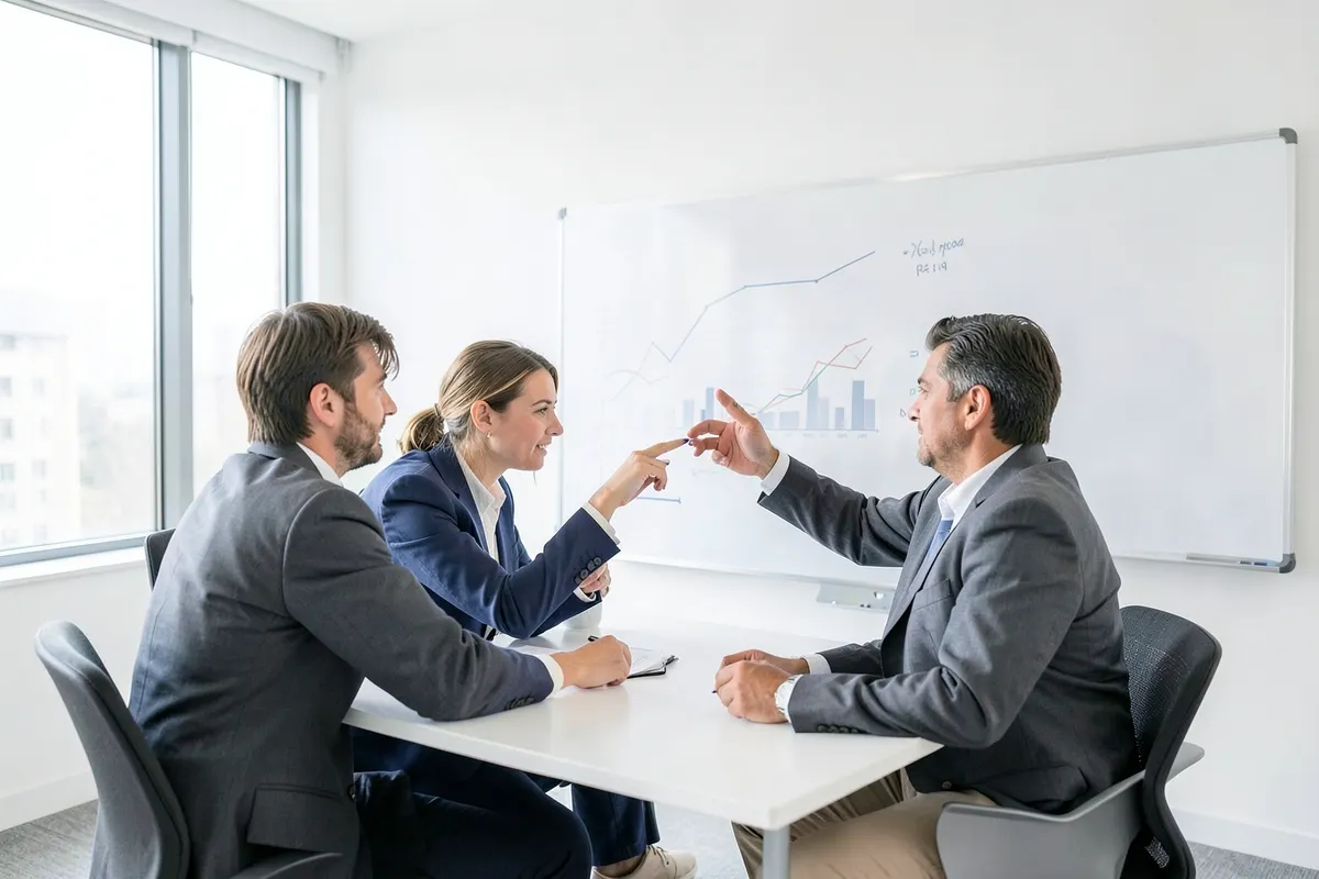 Uma equipe de consultores analisando gráficos em um quadro branco em uma sala de reuniões moderna.