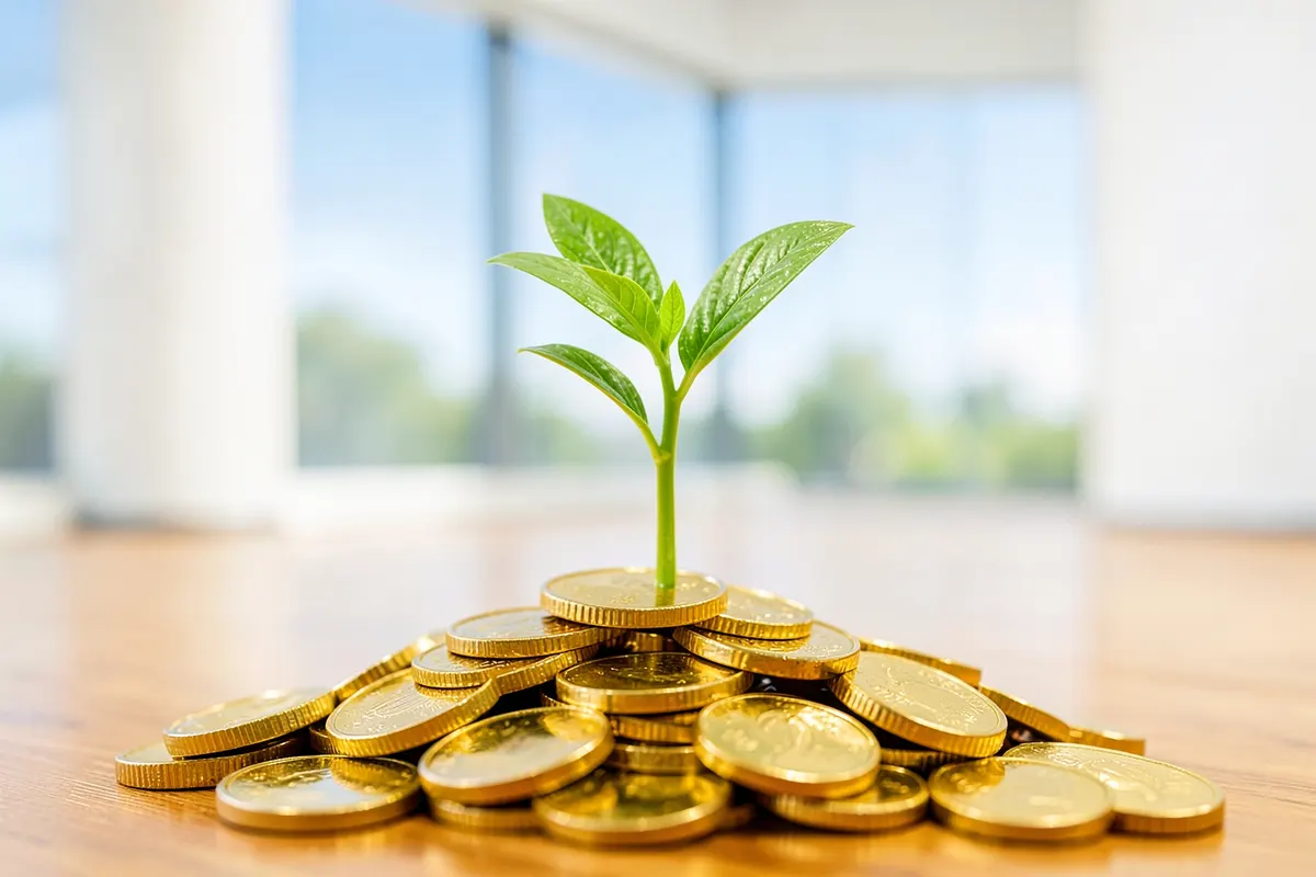 Uma planta crescendo em uma pilha de moedas de ouro, simbolizando crescimento financeiro.