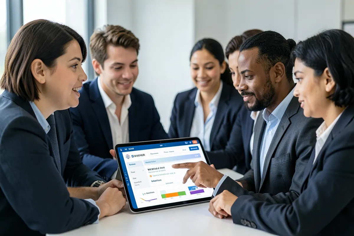 Pessoas colaborando em torno de um tablet exibindo um painel de controle de ERP.