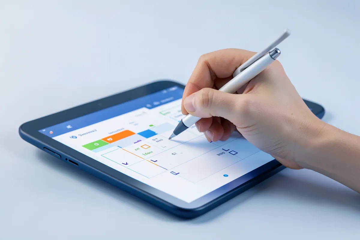 Checklist sendo preenchido em um tablet por uma mão.