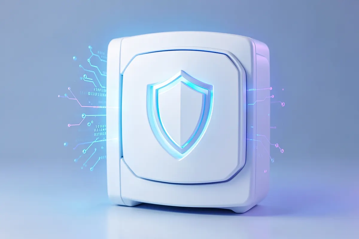 Um cofre digital com um escudo protegendo dados.