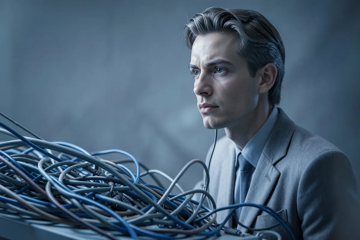Uma pessoa pensativa olhando para um emaranhado de fios e cabos que representam sistemas complexos e desatualizados.