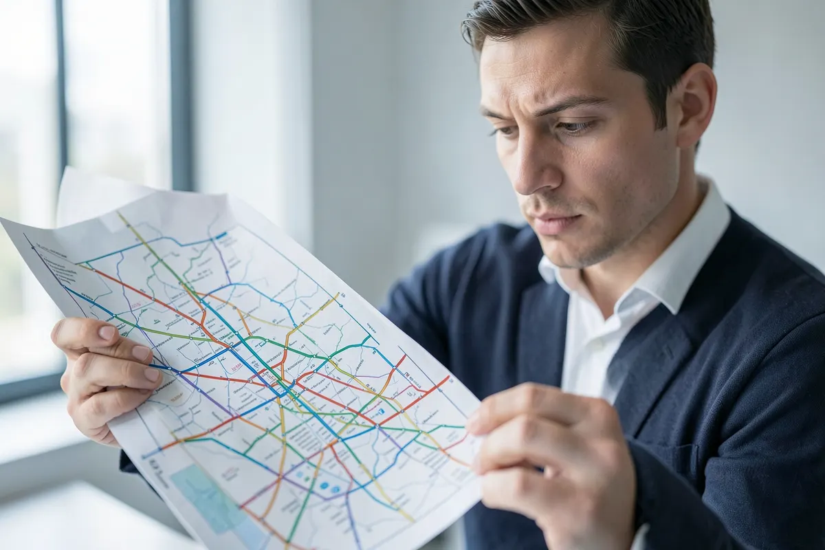 Uma pessoa examinando um mapa de estradas com vários caminhos que se cruzam, representando os desafios de planejar a integração de sistemas.