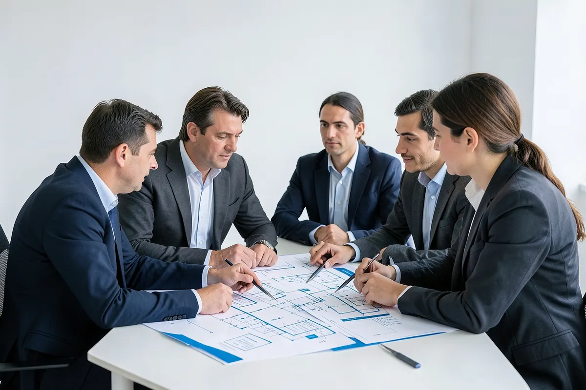 Uma equipe colaborando em torno de uma mesa com plantas e diagramas, planejando a arquitetura de um novo sistema.