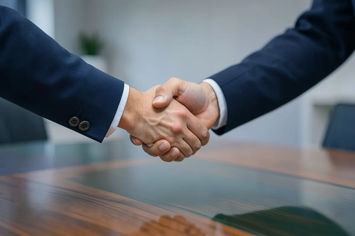 Um aperto de mãos firme sobre uma mesa, representando o sucesso e os benefícios alcançados após a integração dos sistemas.