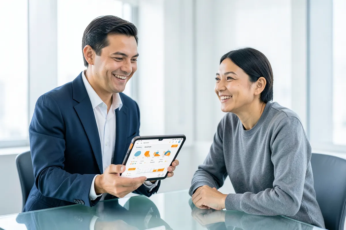 Um consultor sorridente apresentando um relatório em um tablet para um cliente satisfeito em um escritório moderno.