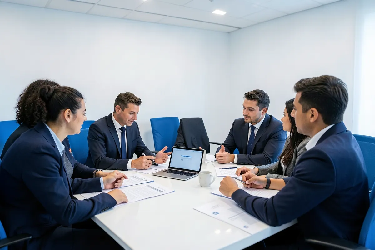 Um grupo de pessoas em volta de uma mesa de reunião discutindo um projeto com papéis e um laptop sobre a mesa, em um escritório claro.