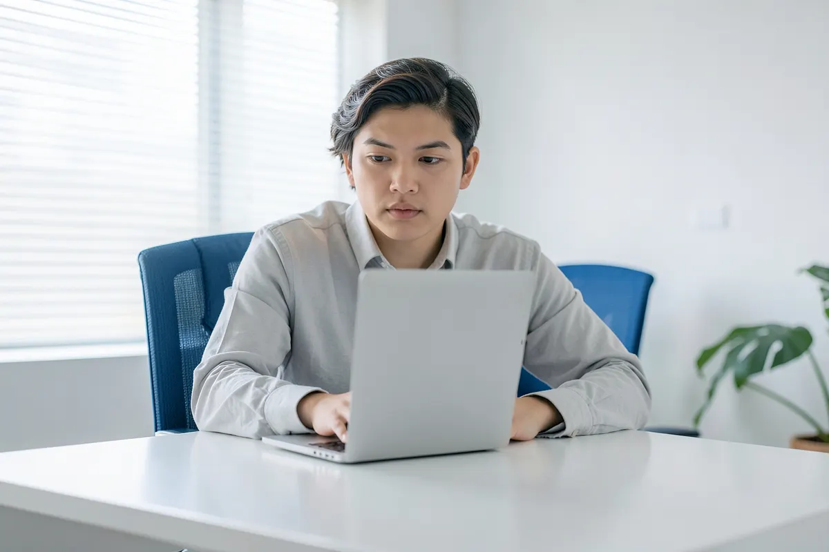 Uma pessoa sentada em uma mesa de escritório, pensativa, com um laptop aberto e um copo de café ao lado, em um ambiente de trabalho tranquilo.