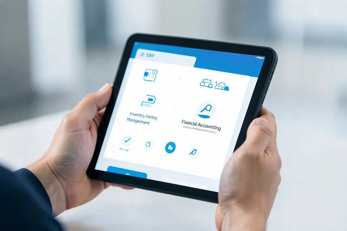 Uma pessoa analisando opções de software ERP em um tablet, com ícones de diferentes funcionalidades ao redor.