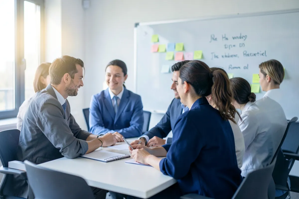 Equipe de escritório colaborando em um projeto de implementação de ERP, com post-its e quadros brancos.