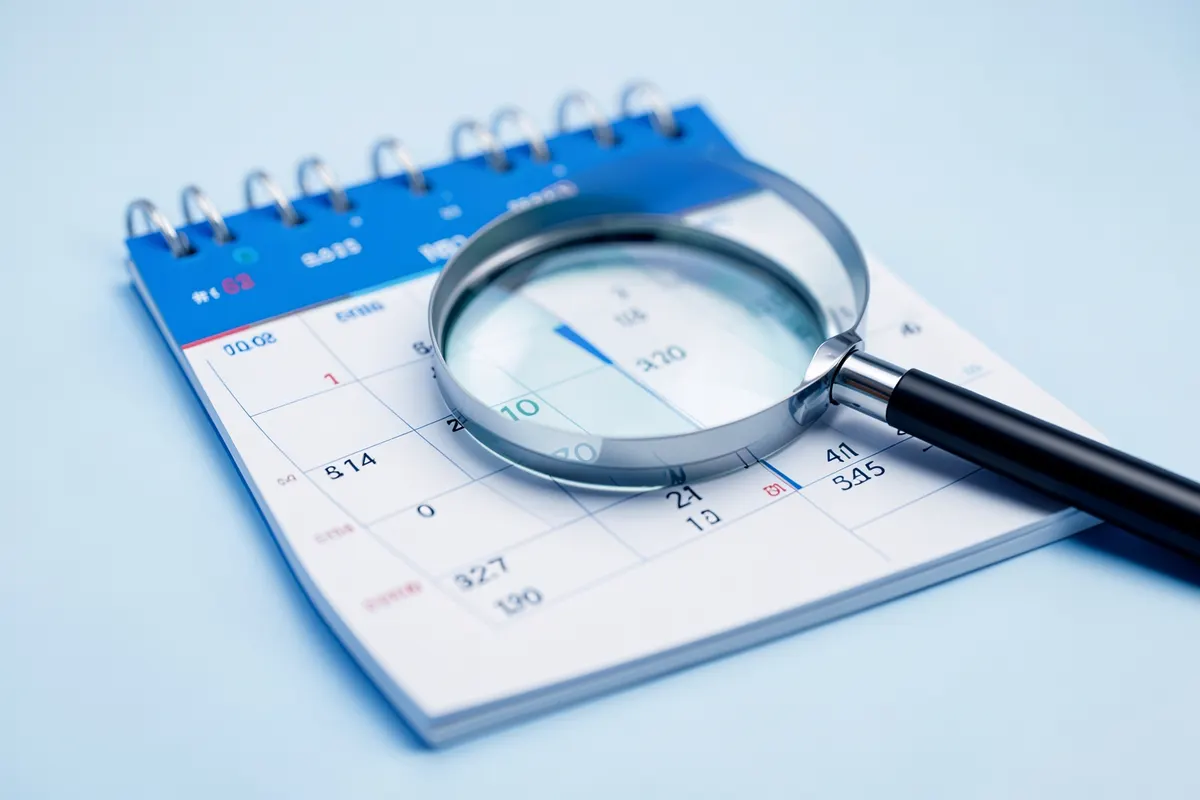 Um calendário com datas marcadas e uma lupa focando em um item específico, simbolizando o planejamento e a organização.