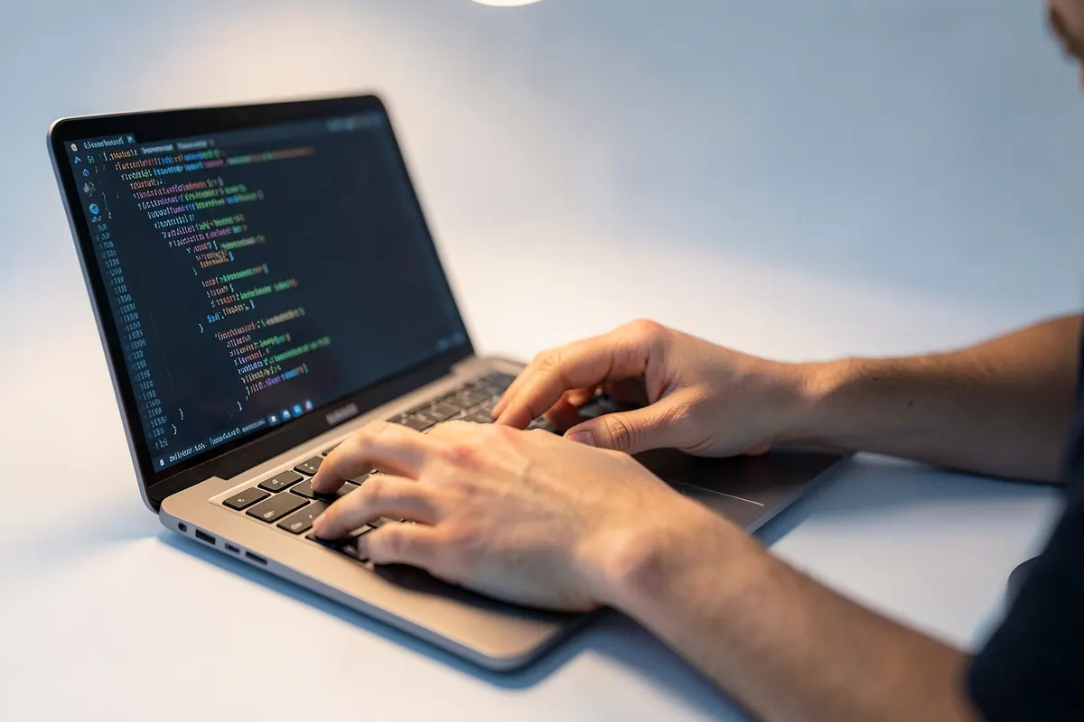 Um desenvolvedor trabalhando em um código em um laptop, com linhas de código visíveis na tela.