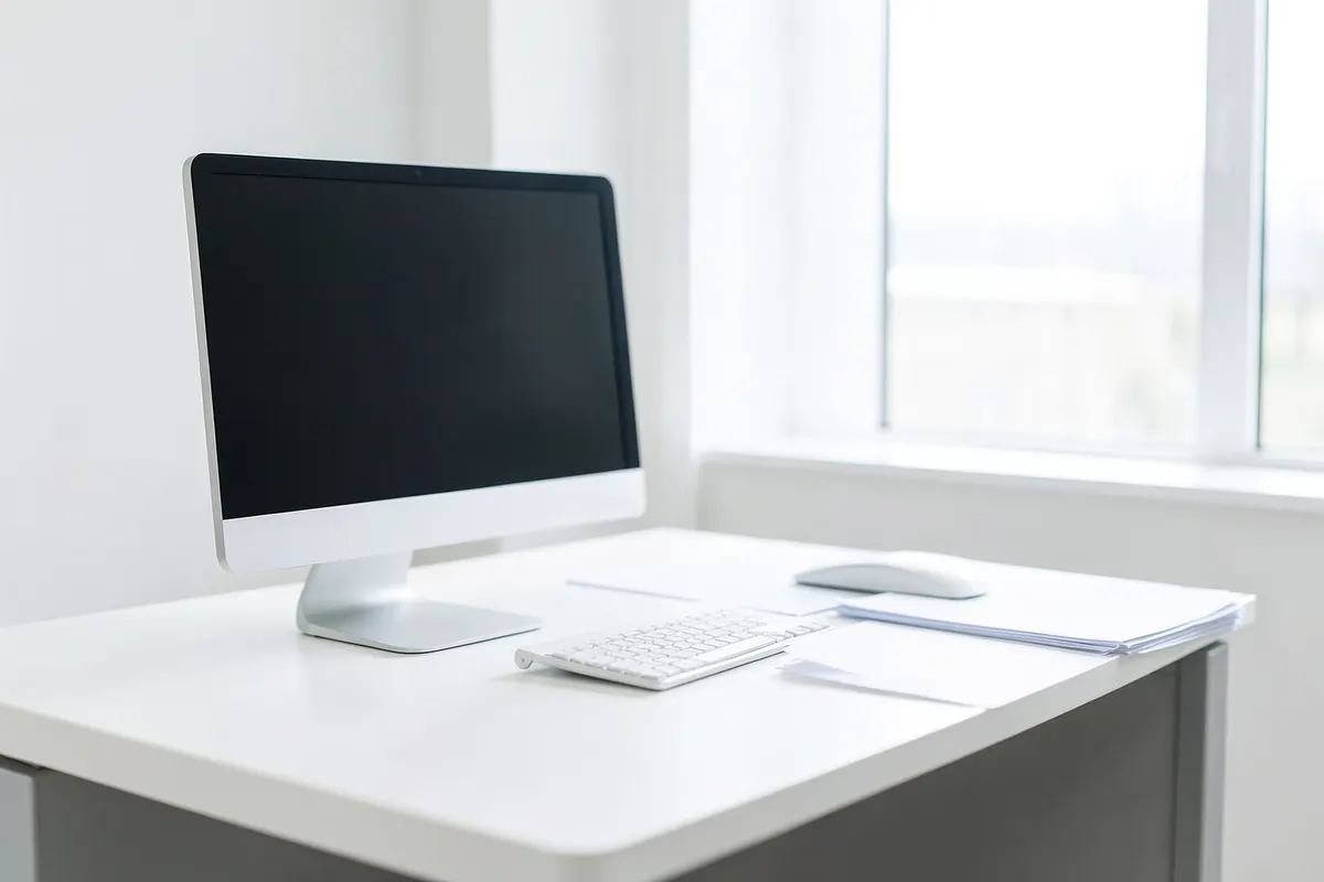 Um pequeno escritório doméstico com um computador desligado e papéis organizados sobre a mesa, sugerindo organização e planejamento.