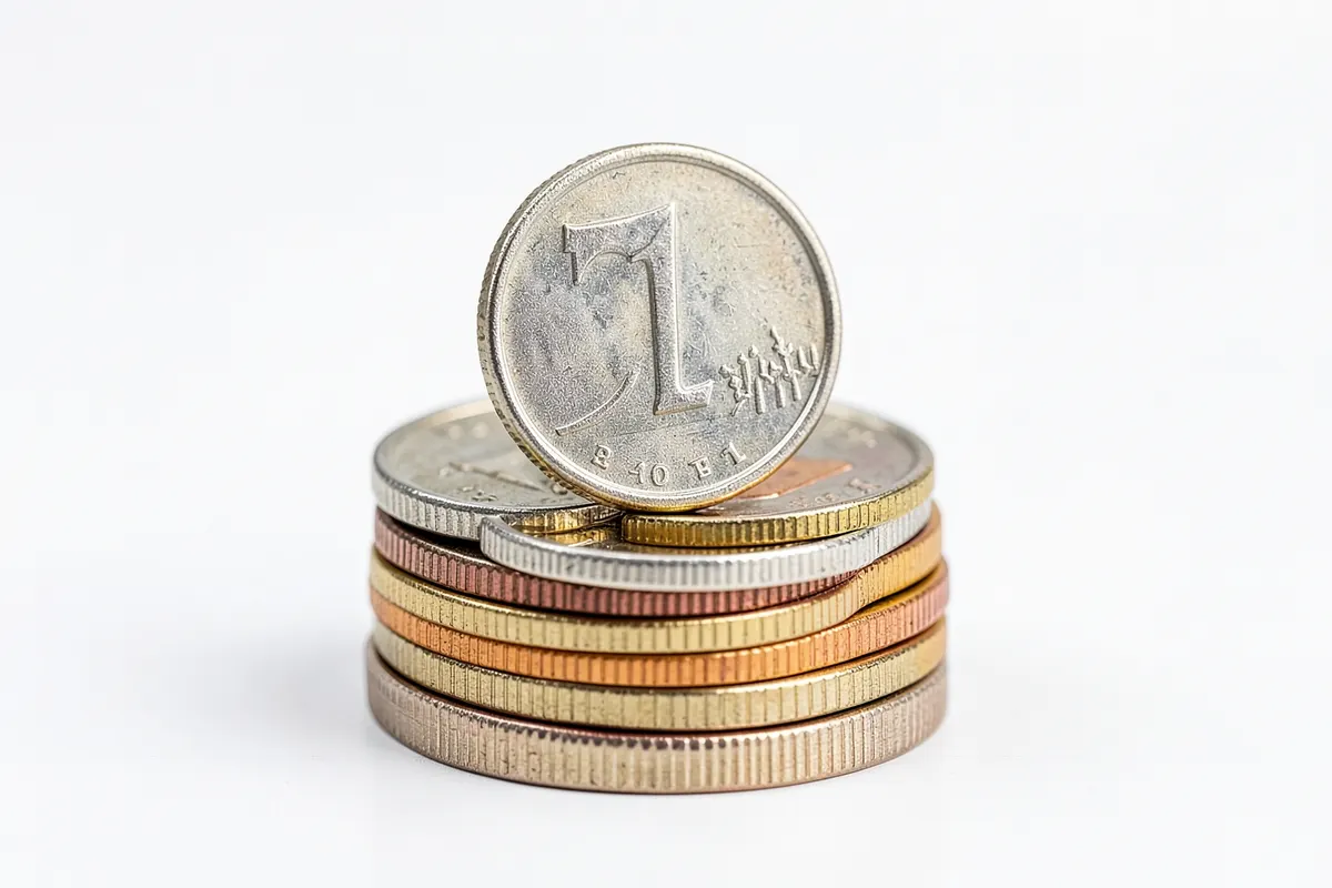 Uma pilha de moedas de diferentes tamanhos e cores, com uma única moeda maior no topo, simbolizando custo e valor.
