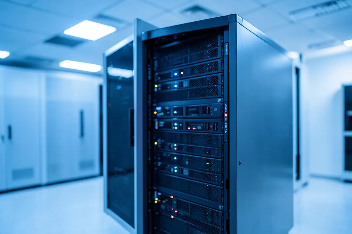 Um servidor de computador com luzes de LED piscando, conectado por cabos a outros dispositivos em um rack.