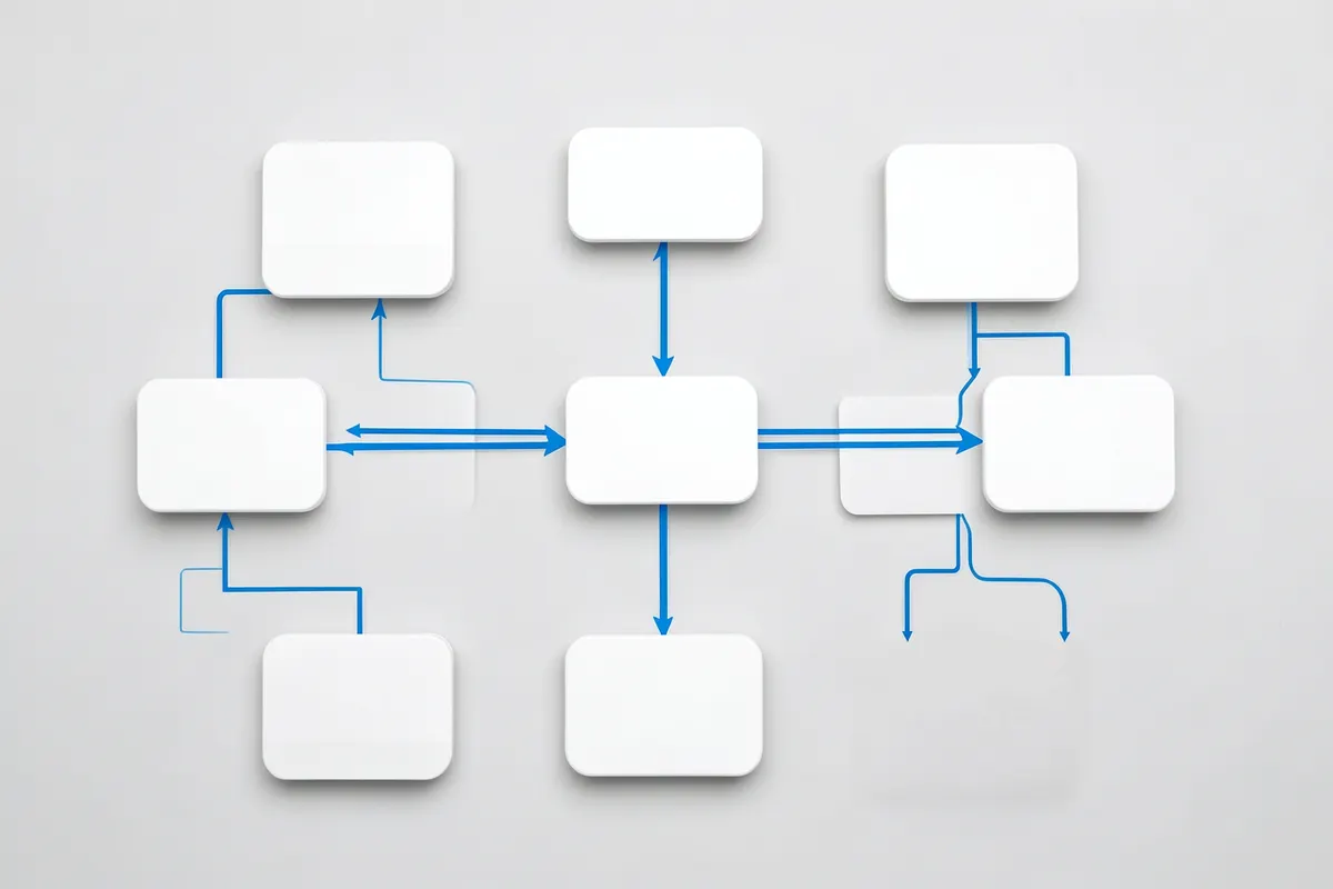 Um diagrama de fluxo de processos de negócios com caixas interconectadas e setas, em um fundo branco.