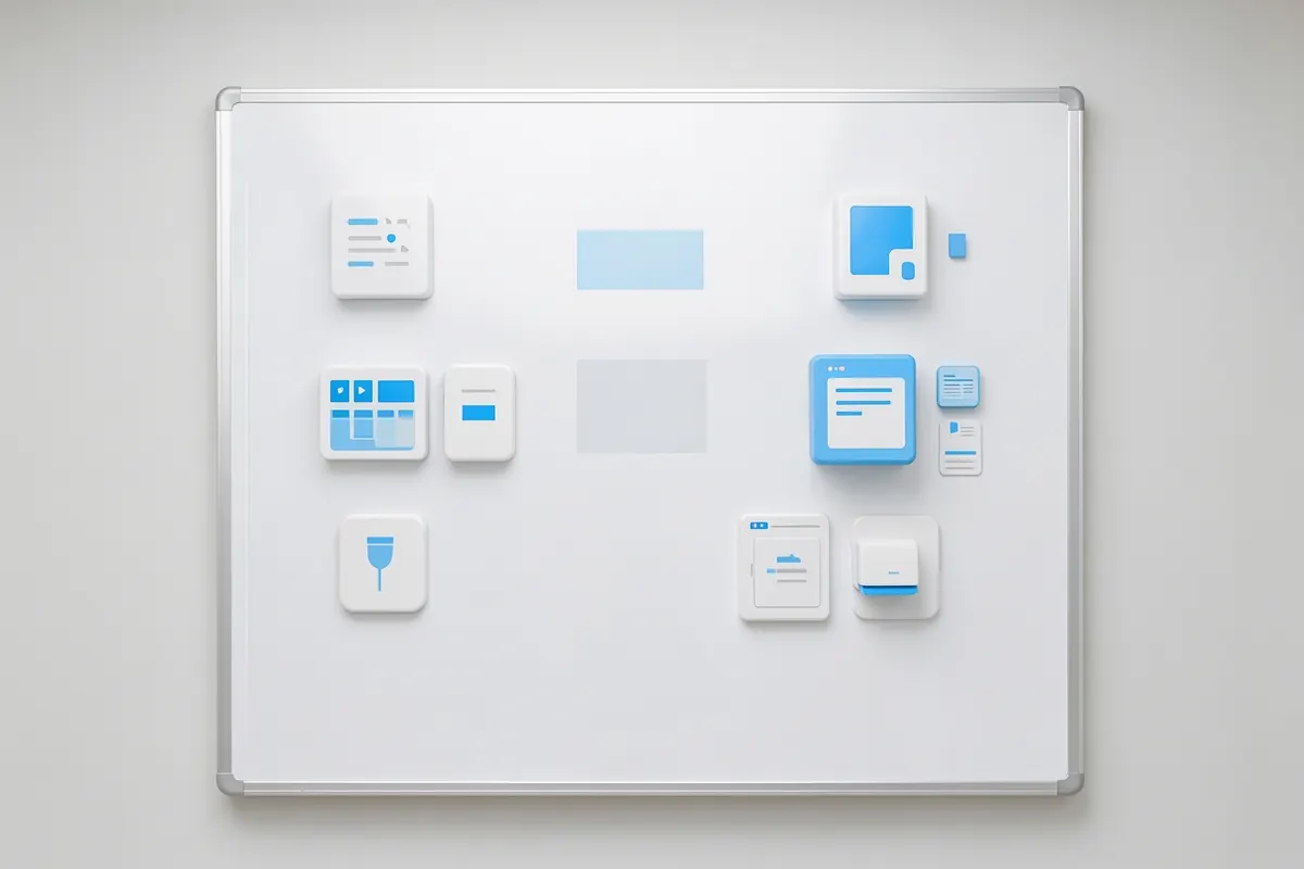 Um quadro branco com diferentes tipos de ícones de software e módulos de ERP organizados em um esquema.