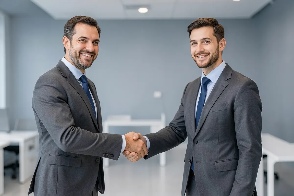 Um empresário sorrindo e apertando a mão de outro homem em um escritório moderno.